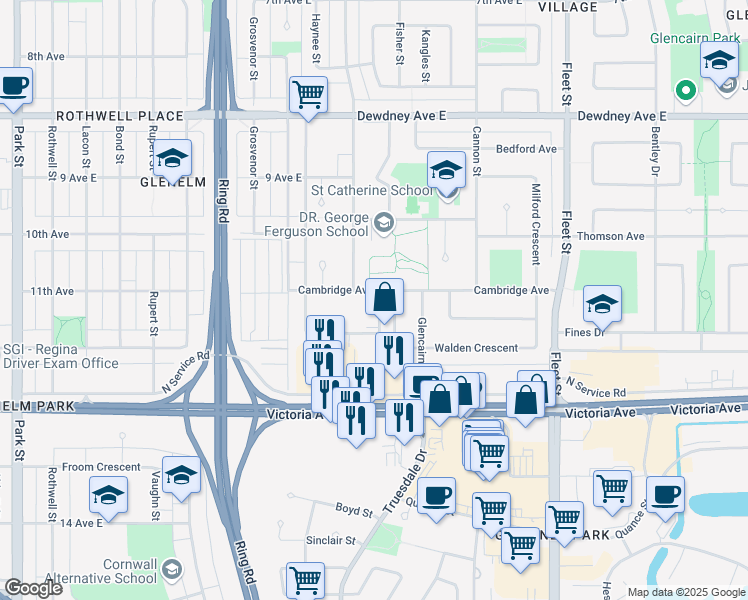map of restaurants, bars, coffee shops, grocery stores, and more near 103 Cambridge Avenue in Regina