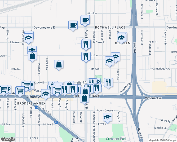 map of restaurants, bars, coffee shops, grocery stores, and more near 1849 Park Street in Regina