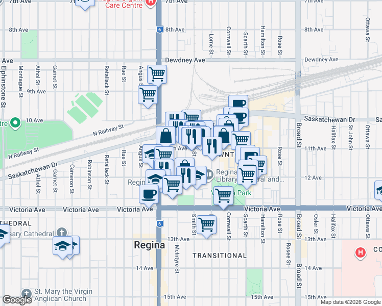 map of restaurants, bars, coffee shops, grocery stores, and more near 1808 Smith Street in Regina