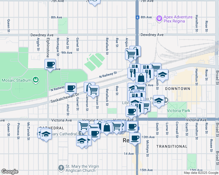 map of restaurants, bars, coffee shops, grocery stores, and more near in Regina