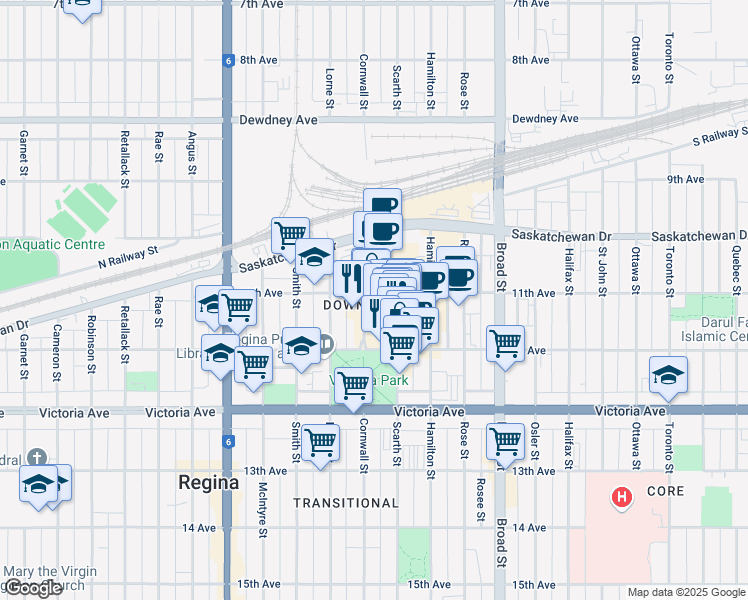 map of restaurants, bars, coffee shops, grocery stores, and more near in Regina