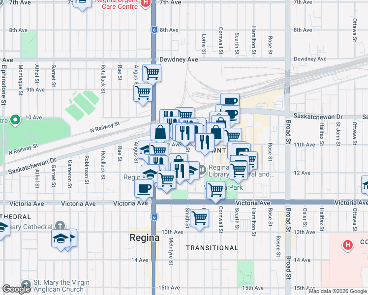 map of restaurants, bars, coffee shops, grocery stores, and more near 1808 Smith Street in Regina