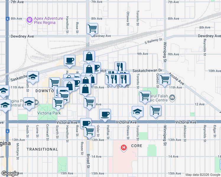 map of restaurants, bars, coffee shops, grocery stores, and more near 1533 11th Avenue in Regina