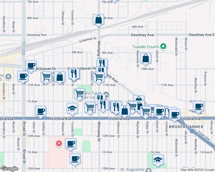 map of restaurants, bars, coffee shops, grocery stores, and more near 917 11th Avenue in Regina