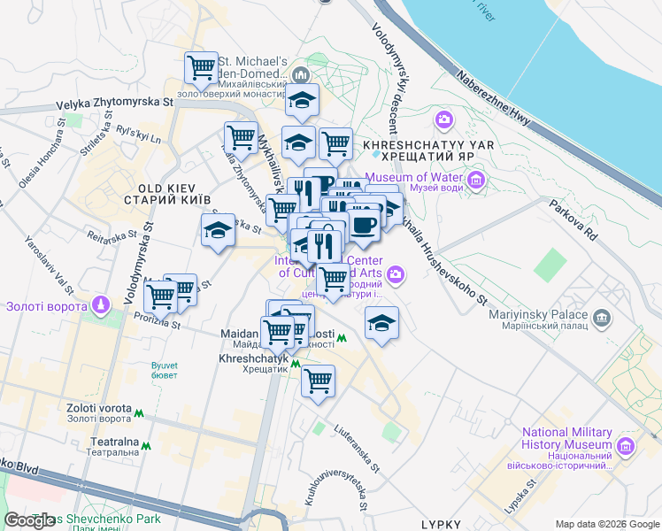 map of restaurants, bars, coffee shops, grocery stores, and more near in Kyiv