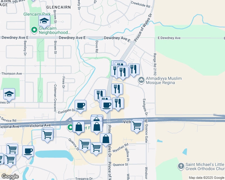 map of restaurants, bars, coffee shops, grocery stores, and more near 1755 Prince of Wales Drive in Regina
