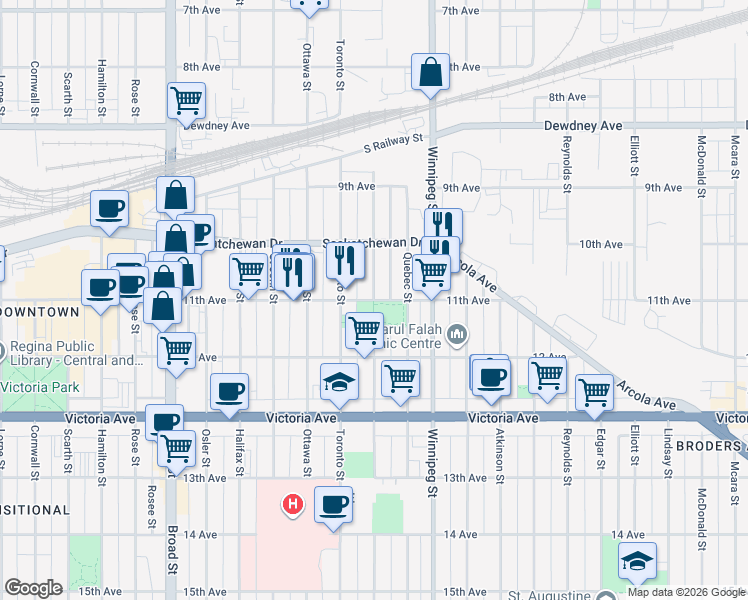 map of restaurants, bars, coffee shops, grocery stores, and more near 1120 11th Avenue in Regina