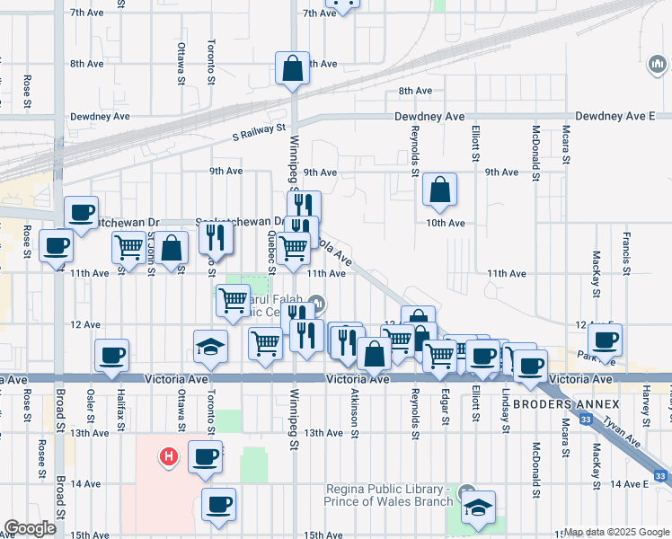 map of restaurants, bars, coffee shops, grocery stores, and more near 818 11th Avenue in Regina