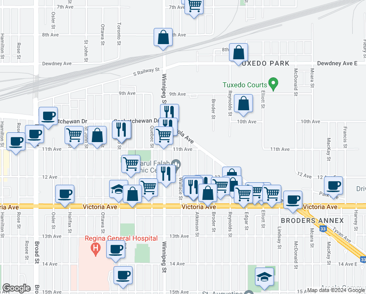 map of restaurants, bars, coffee shops, grocery stores, and more near 824 11th Avenue in Regina