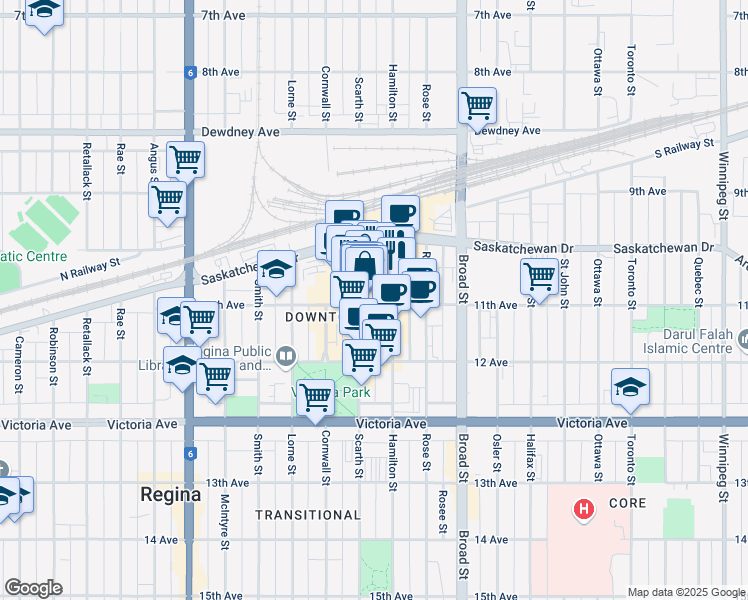 map of restaurants, bars, coffee shops, grocery stores, and more near 2010 11th Avenue in Regina