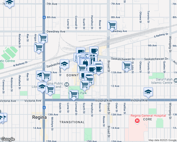 map of restaurants, bars, coffee shops, grocery stores, and more near 2010 11th Avenue in Regina