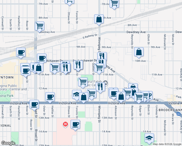 map of restaurants, bars, coffee shops, grocery stores, and more near 1120 11th Avenue in Regina