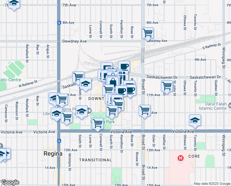 map of restaurants, bars, coffee shops, grocery stores, and more near 2010 11th Avenue in Regina