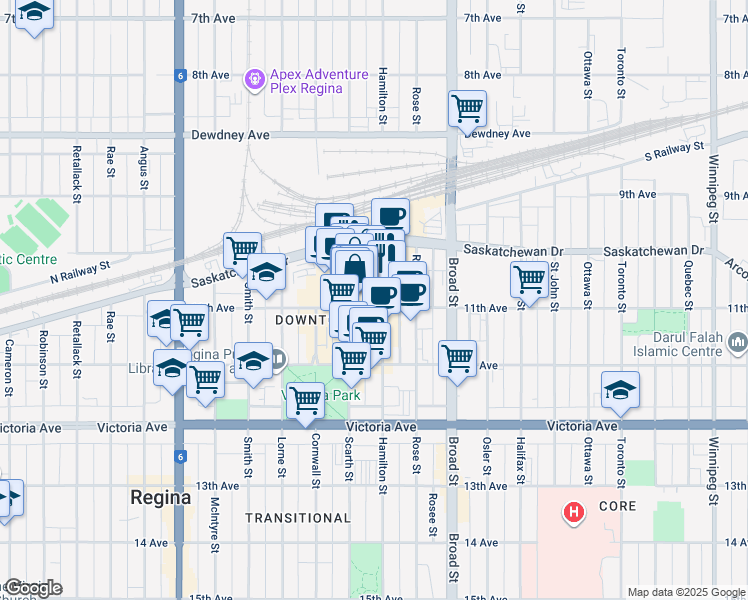 map of restaurants, bars, coffee shops, grocery stores, and more near 2010 11th Avenue in Regina