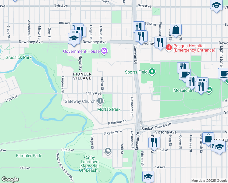 map of restaurants, bars, coffee shops, grocery stores, and more near 1773 Connaught Street in Regina