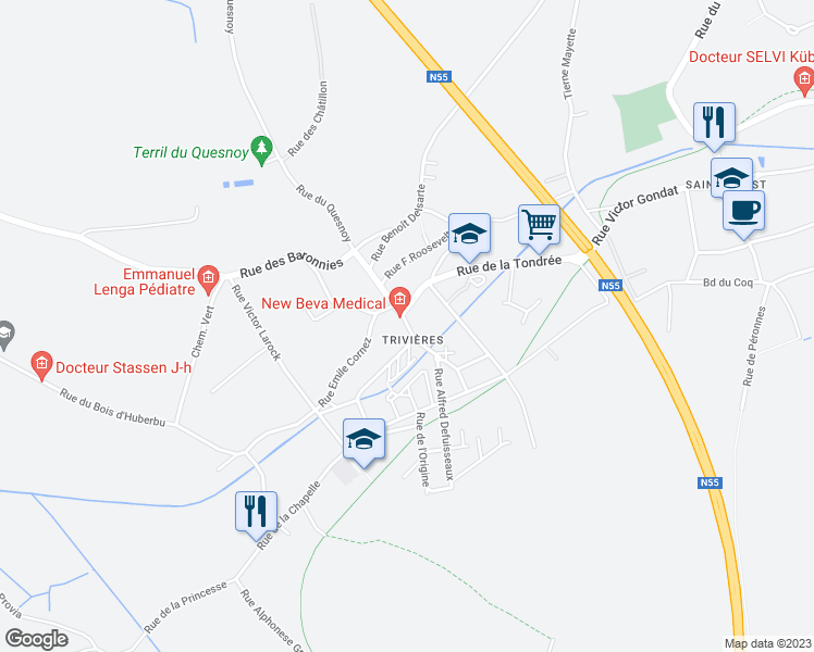 map of restaurants, bars, coffee shops, grocery stores, and more near 100 Rue Oscar Quertinmont in La Louviere