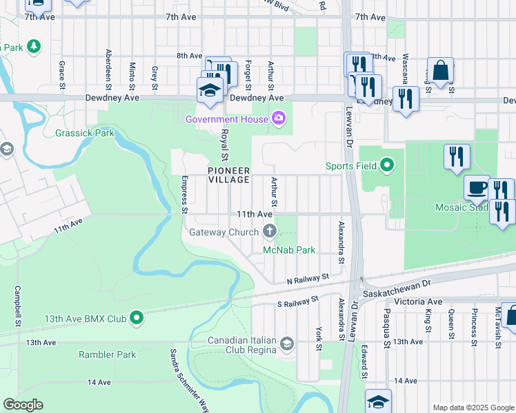 map of restaurants, bars, coffee shops, grocery stores, and more near in Regina