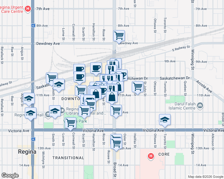 map of restaurants, bars, coffee shops, grocery stores, and more near 1746 Broad Street in Regina