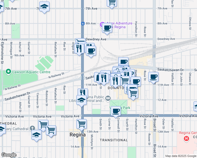 map of restaurants, bars, coffee shops, grocery stores, and more near 2401 Saskatchewan Drive in Regina