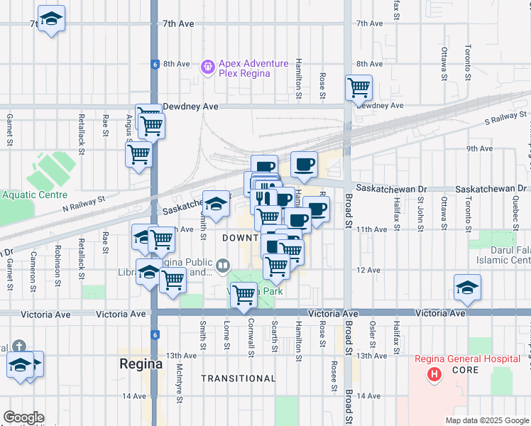 map of restaurants, bars, coffee shops, grocery stores, and more near 2121 Saskatchewan Drive in Regina