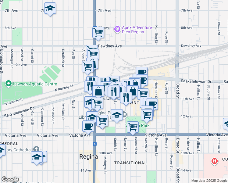 map of restaurants, bars, coffee shops, grocery stores, and more near 2401 Saskatchewan Drive in Regina