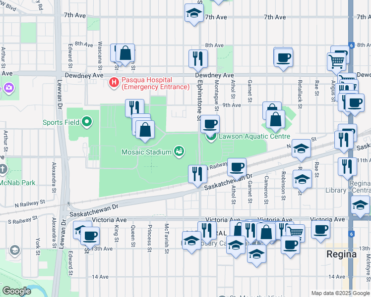 map of restaurants, bars, coffee shops, grocery stores, and more near 1700 Elphinstone Street in Regina