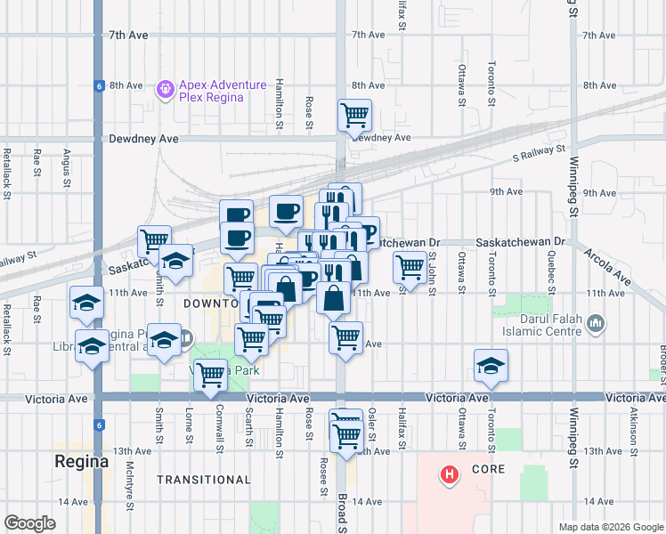 map of restaurants, bars, coffee shops, grocery stores, and more near 1746 Broad Street in Regina
