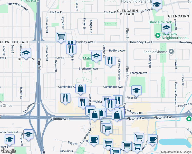 map of restaurants, bars, coffee shops, grocery stores, and more near Brook Bay in Regina