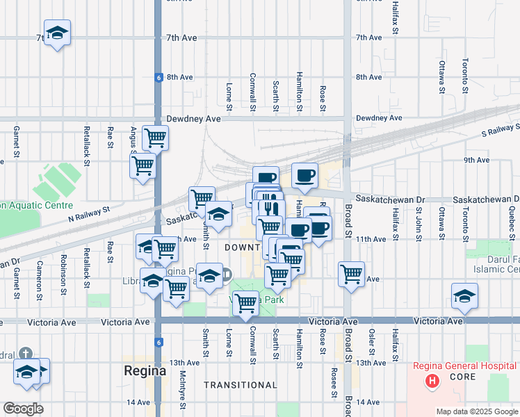 map of restaurants, bars, coffee shops, grocery stores, and more near 2121 Saskatchewan Drive in Regina