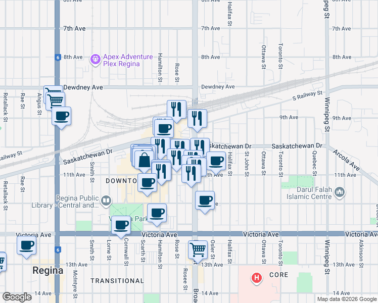 map of restaurants, bars, coffee shops, grocery stores, and more near 1746 Broad Street in Regina