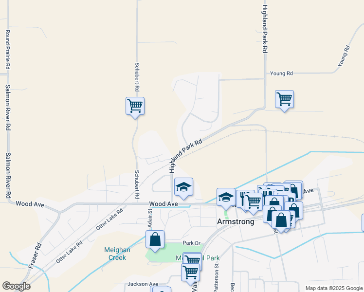 map of restaurants, bars, coffee shops, grocery stores, and more near 3805 Highland Park Drive in Armstrong