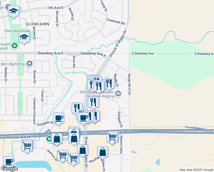 map of restaurants, bars, coffee shops, grocery stores, and more near in Regina