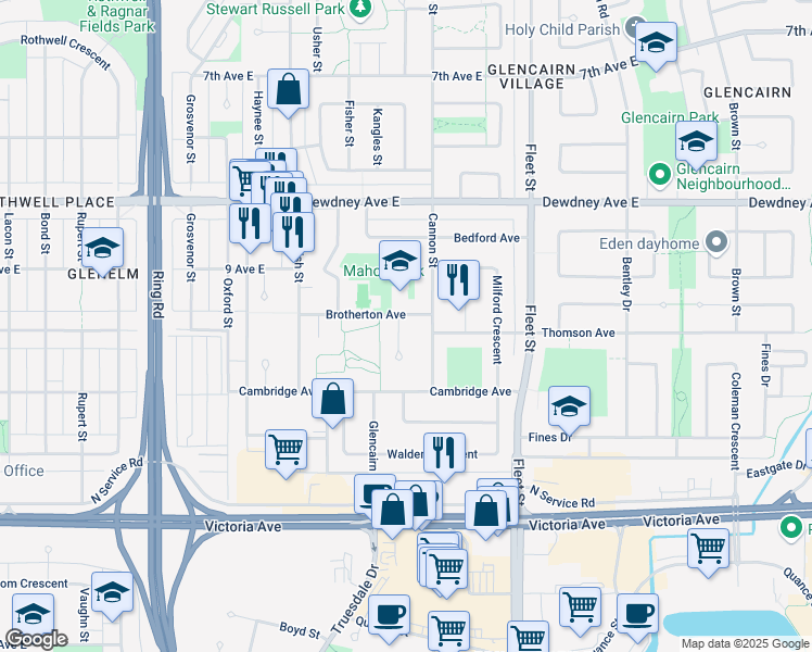map of restaurants, bars, coffee shops, grocery stores, and more near 63 Brook Bay in Regina