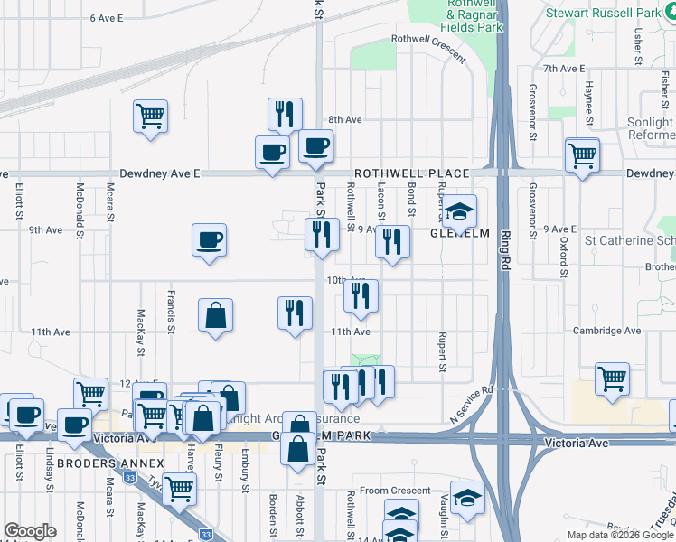 map of restaurants, bars, coffee shops, grocery stores, and more near 822 10th Avenue in Regina
