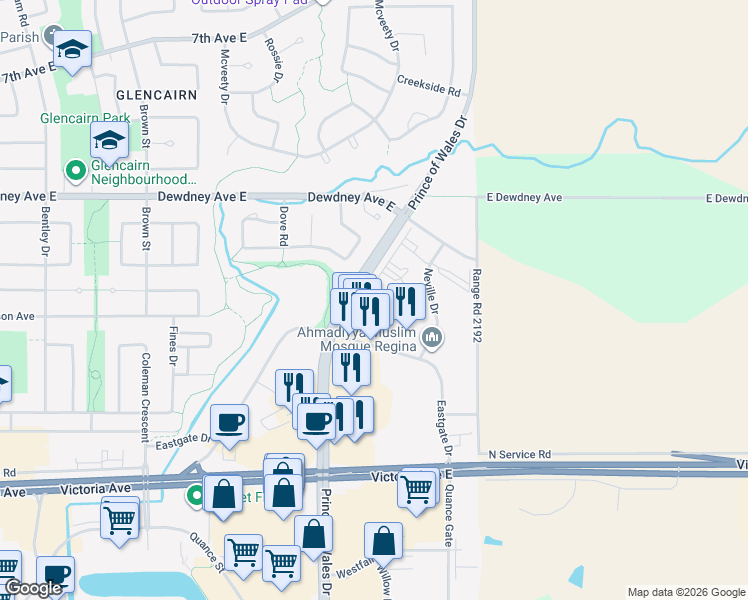 map of restaurants, bars, coffee shops, grocery stores, and more near 1610 Dakota Drive in Regina
