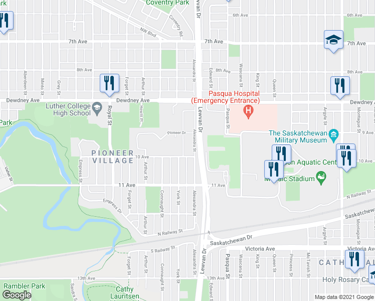 map of restaurants, bars, coffee shops, grocery stores, and more near 1670 Alexandra Street in Regina