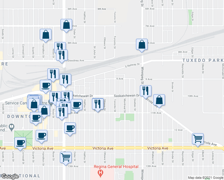 map of restaurants, bars, coffee shops, grocery stores, and more near 1670 Toronto Street in Regina