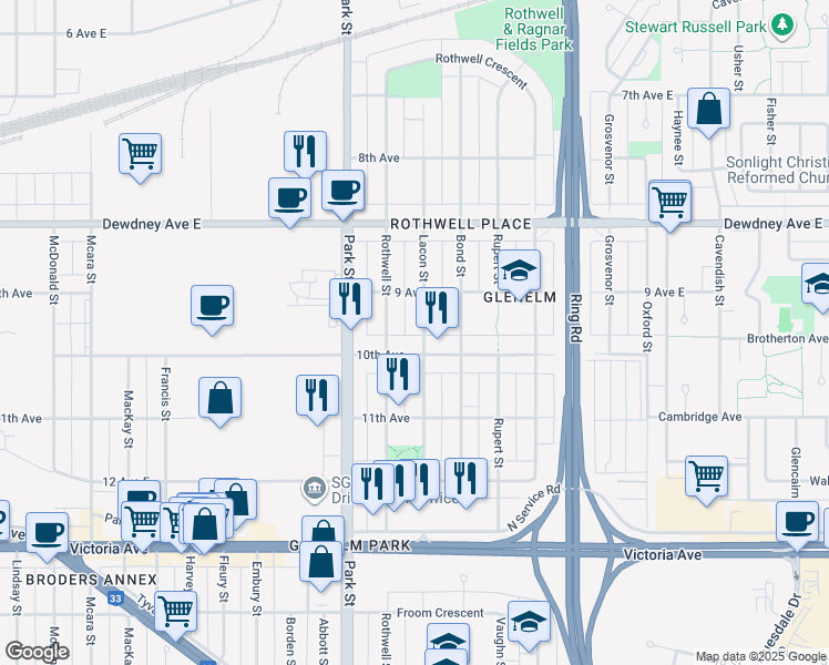 map of restaurants, bars, coffee shops, grocery stores, and more near 1652 Lacon Street in Regina