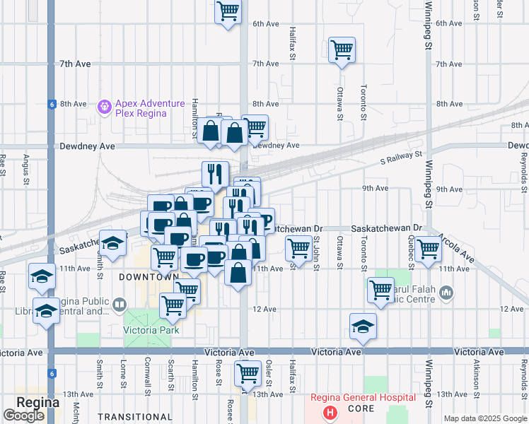 map of restaurants, bars, coffee shops, grocery stores, and more near 1634 Osler Street in Regina