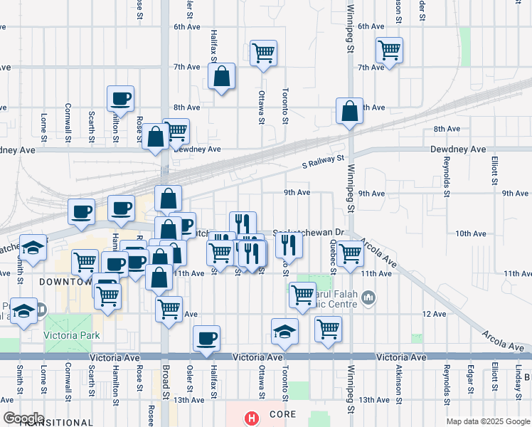map of restaurants, bars, coffee shops, grocery stores, and more near 1643 Ottawa Street in Regina