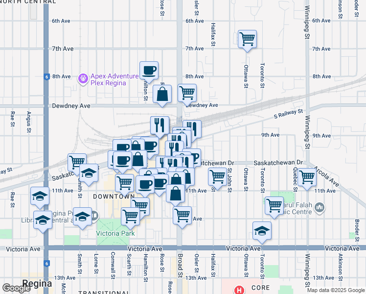 map of restaurants, bars, coffee shops, grocery stores, and more near 1634 Osler Street in Regina