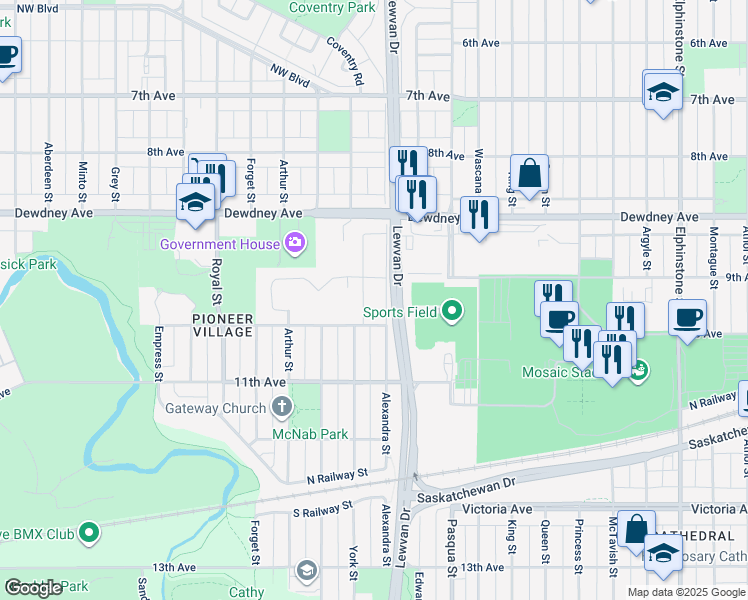 map of restaurants, bars, coffee shops, grocery stores, and more near 1670 Alexandra Street in Regina