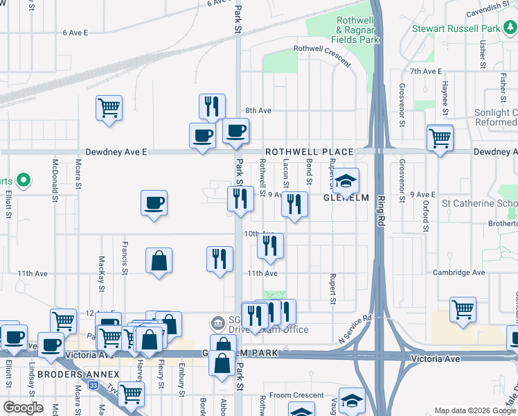 map of restaurants, bars, coffee shops, grocery stores, and more near in Regina