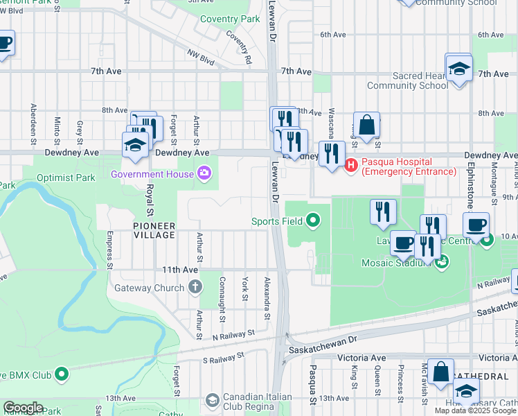 map of restaurants, bars, coffee shops, grocery stores, and more near 1670 Alexandra Street in Regina
