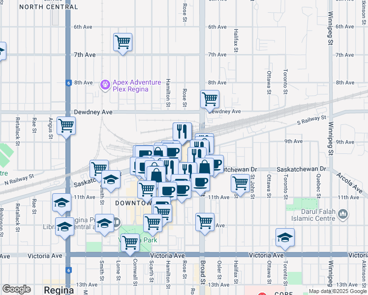 map of restaurants, bars, coffee shops, grocery stores, and more near 1880 Saskatchewan Drive in Regina