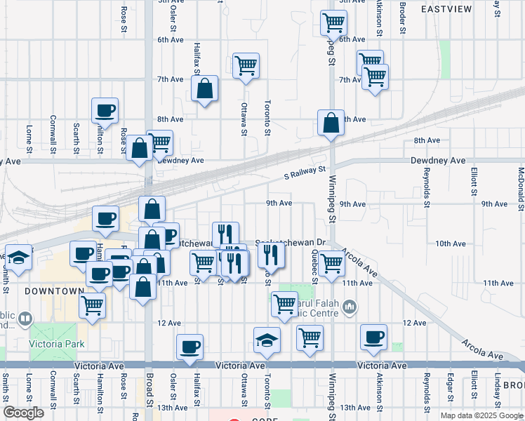 map of restaurants, bars, coffee shops, grocery stores, and more near 1670 Toronto Street in Regina