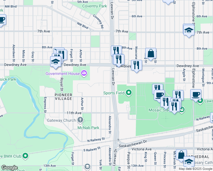 map of restaurants, bars, coffee shops, grocery stores, and more near 1670 Alexandra Street in Regina
