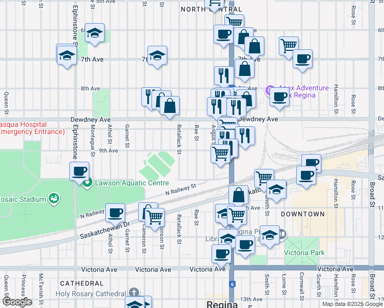 map of restaurants, bars, coffee shops, grocery stores, and more near 1604 Rae Street in Regina