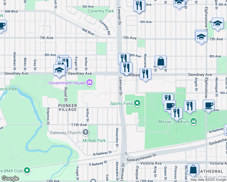 map of restaurants, bars, coffee shops, grocery stores, and more near in Regina
