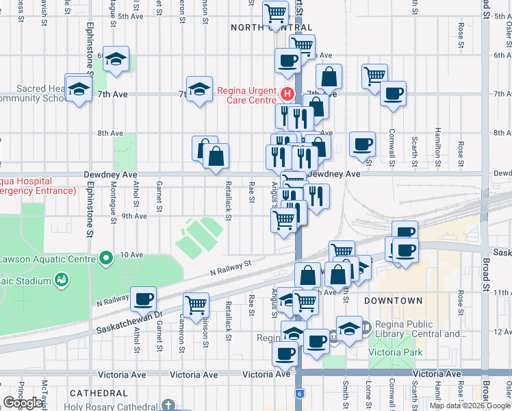 map of restaurants, bars, coffee shops, grocery stores, and more near 1555 Rae Street in Regina